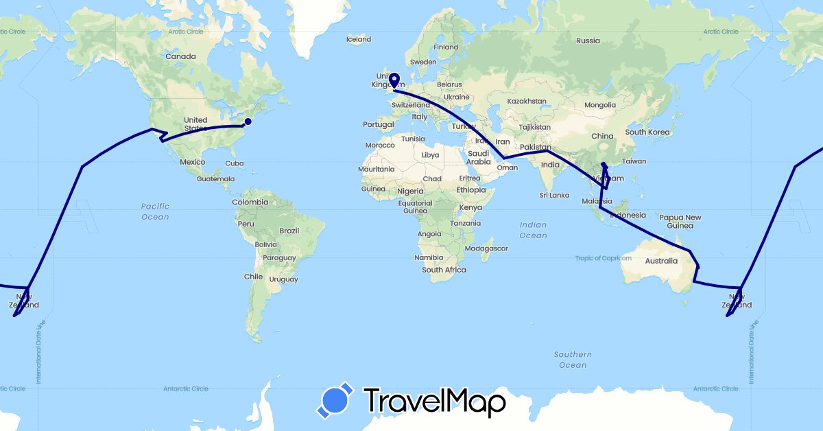 TravelMap itinerary: driving in United Arab Emirates, Australia, United Kingdom, India, New Zealand, Singapore, United States, Vietnam (Asia, Europe, North America, Oceania)