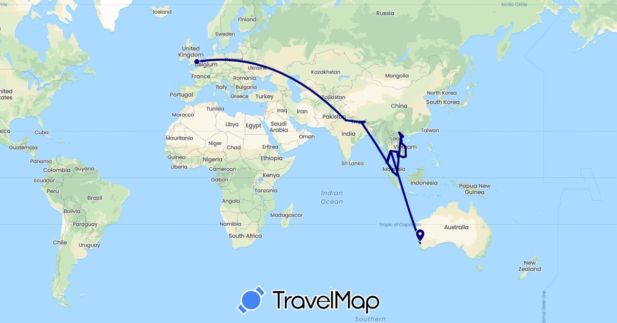 TravelMap itinerary: driving in Australia, United Kingdom, India, Cambodia, Malaysia, Nepal, Singapore, Thailand, Vietnam (Asia, Europe, Oceania)